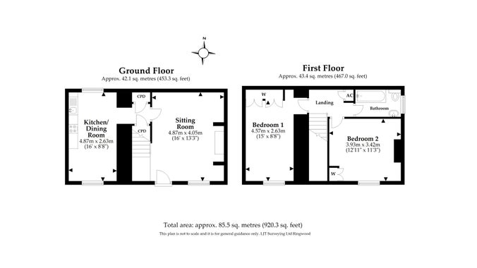 The floor plan for Longmeadow Cottage, showing the ground floor with the sitting room and kitchen, and the first floor with two bedrooms and bathroom